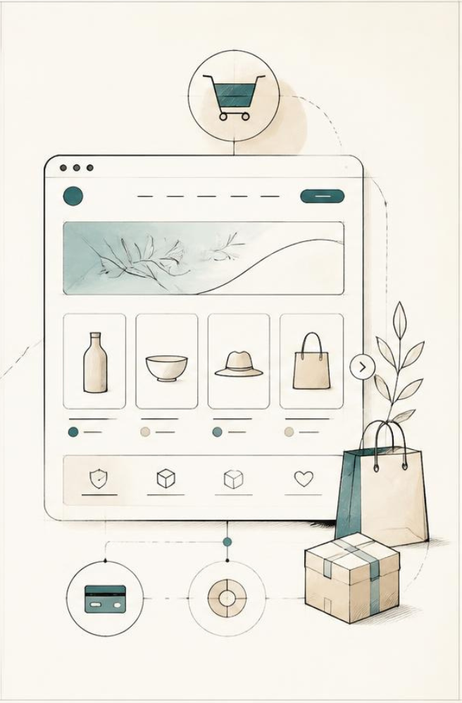 Illustration eines Onlineshops mit Produkten und Bestellprozess