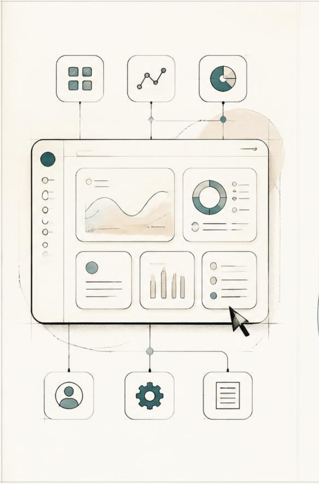 Illustration einer Webapp mit Dashboard und verbundenen Funktionen